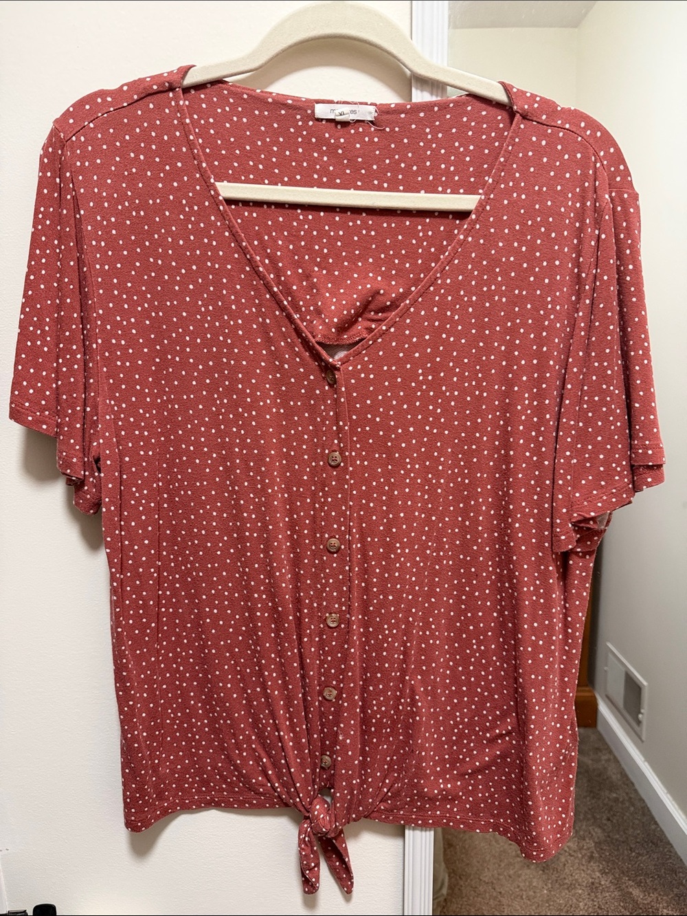 Maurices Rust Red Polka Dot Tie-Front Blouse